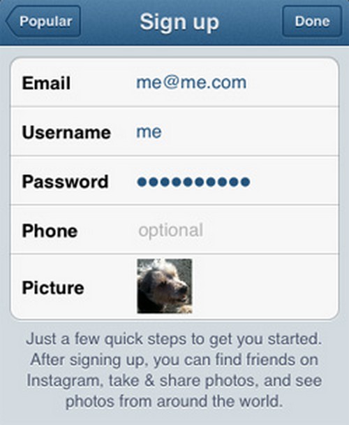 Instruksjoner for registrering i Instagram