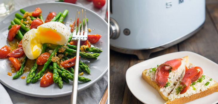Ideen om en sommer lunsj: toasts med laks og en varm aspargesalat